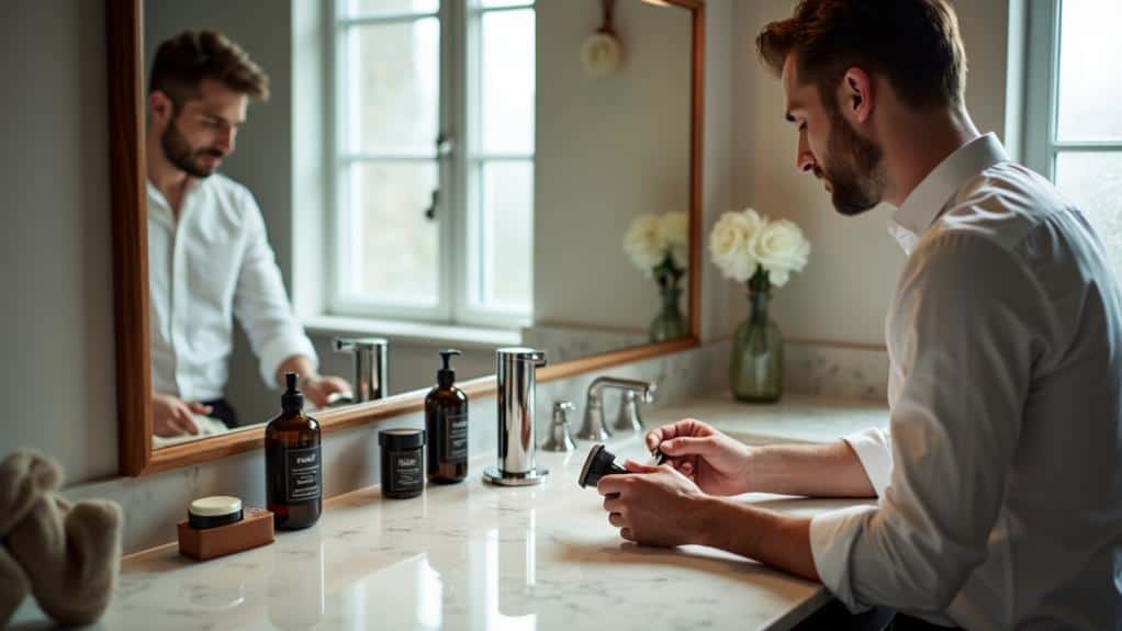 Gentleman preparing for grooming routine at bathroom vanity with grooming products, showcasing men's grooming essentials for a polished look.