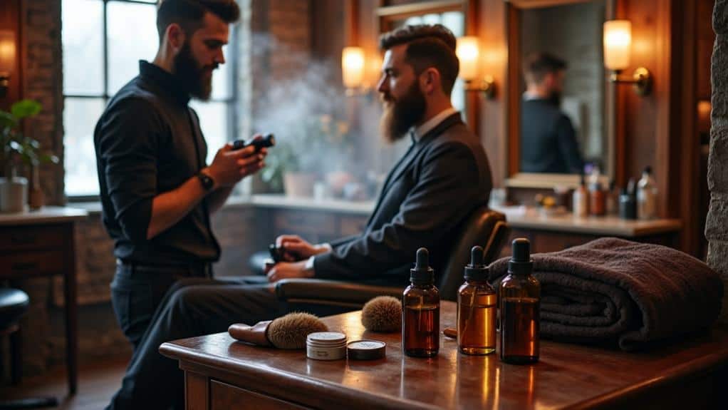 Men's grooming pro, barber, grooming products, beard care, grooming salon, men's grooming essentials, professional grooming, stylish men, barber tools, grooming routine, men's skincare, barbershop scene.