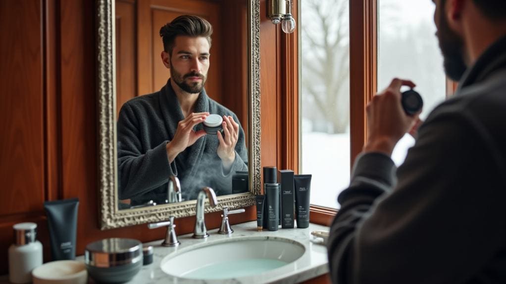 Elegant man applying skincare in front of bathroom mirror, showcasing men's grooming routine with grooming products, emphasizing male self-care, skincare, and grooming tips.