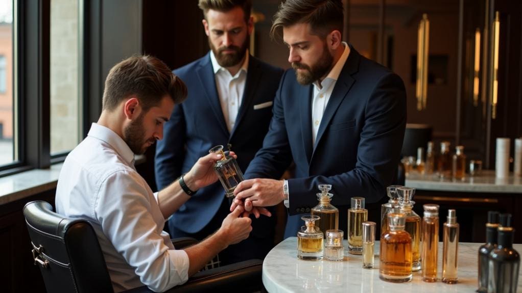 Luxurious men's grooming session with professionals applying cologne; premium grooming products for refined, stylish men.
