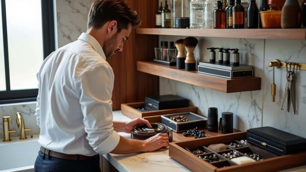 Men's grooming products and accessories organized on a marble countertop, including brushes, razors, and grooming tools, for daily men's grooming routines.
