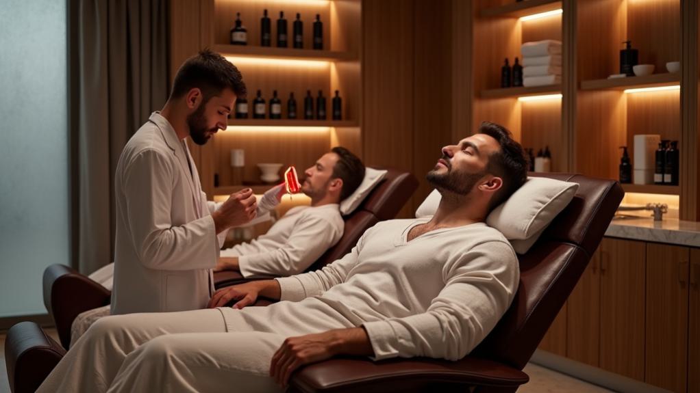 Relaxing men's grooming spa with professional staff providing facial treatments and skincare services in a modern, well-lit wellness center.