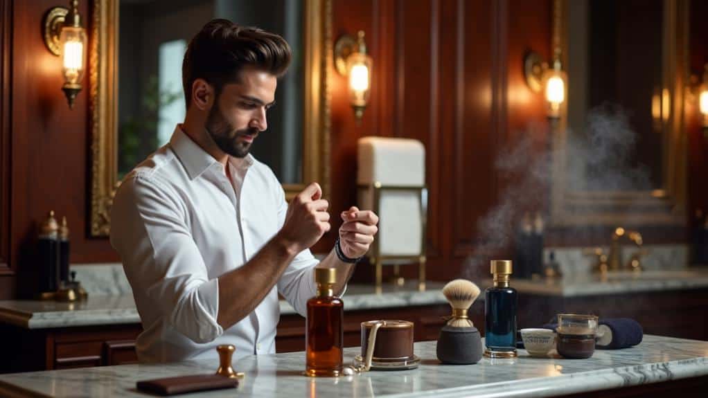 Elegant man grooming himself with grooming products in a luxurious bathroom setting, emphasizing men's grooming, beard care, and classic grooming habits.
