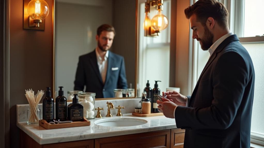 Luxurious men's grooming products on bathroom counter, stylish man reviewing skincare or grooming items, modern grooming routine at Men's Grooming Pro.