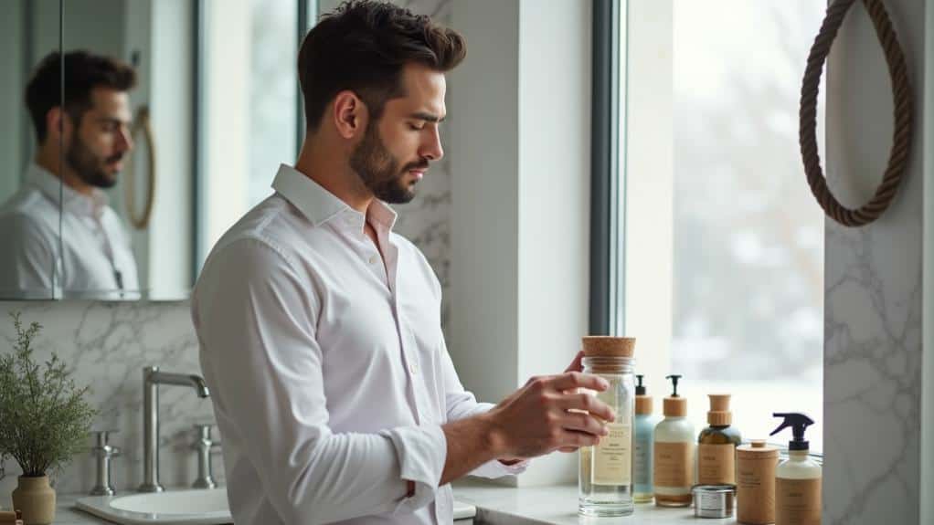 Male grooming routine with skincare products in a modern bathroom, emphasizing men's skincare, grooming essentials, and self-care for men.