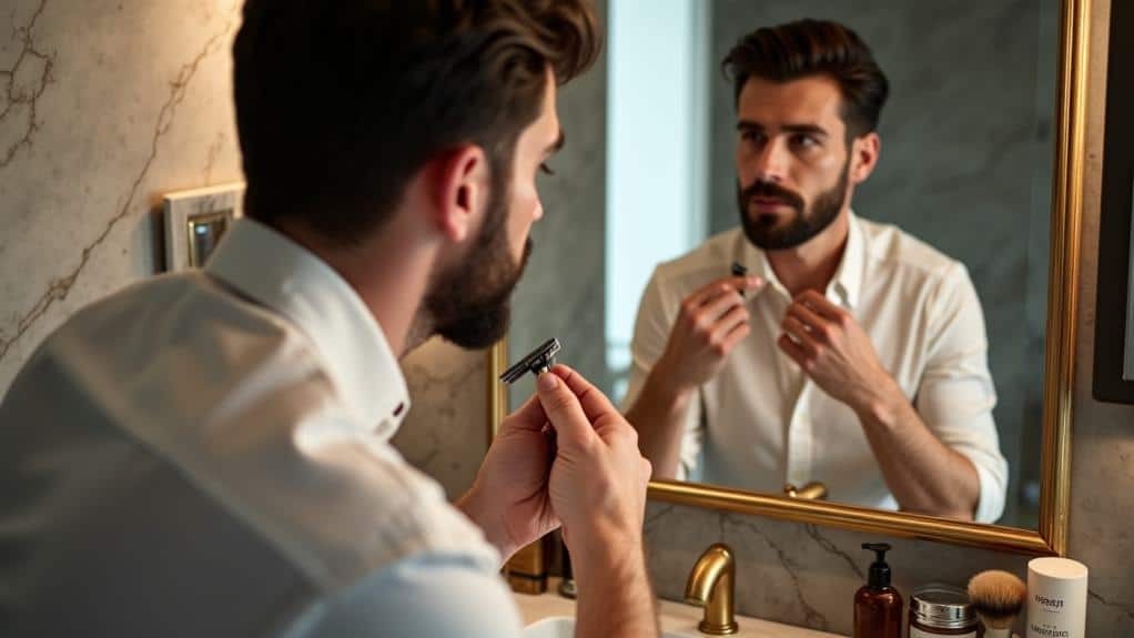 Shaving a well-groomed man in front of a mirror, showcasing men's grooming routine and beard trimming.