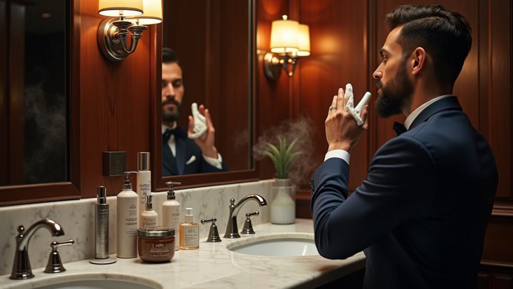 Luxury men's grooming products on bathroom counter with man in tuxedo preparing skincare routine reflection in mirror.