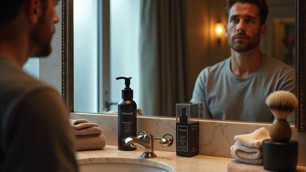 A close-up of a man looking at his reflection in a bathroom mirror, with grooming essentials like beard oil, a shaving brush, and towels on the countertop.